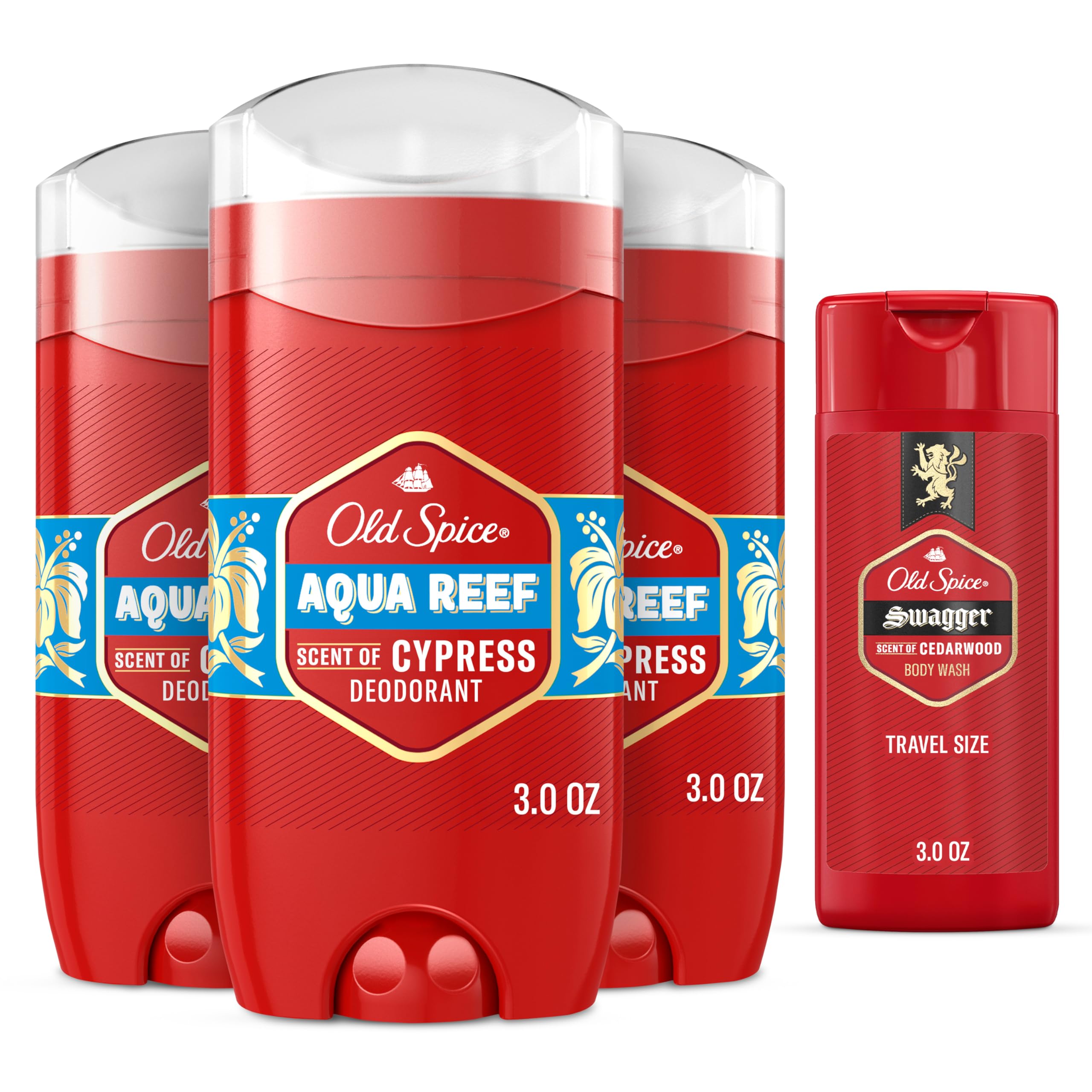 Old Spice Aluminum Free Deodorant for Men, 24/7 Odor Protection, 24/7 Freshness & Lasting Scent, Aqua Reef with Cypress Scent, 3.0 oz with Travel Size Swagger Body Wash (Pack of 4)