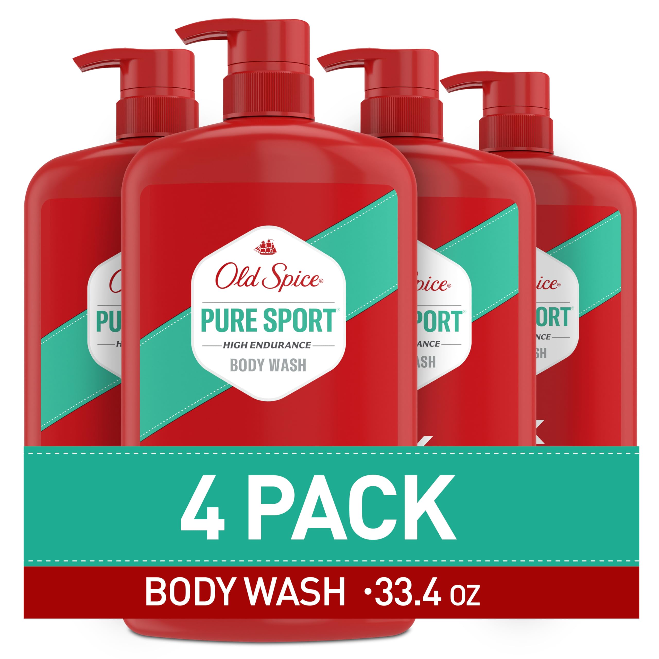 Old Spice Refreshing Body Wash for Men, High Endurance, 3X Defense, 24/7 Shower Fresh with Long Lasting Scent, Pure Sport Scent, 33.4 oz (Pack of 4)