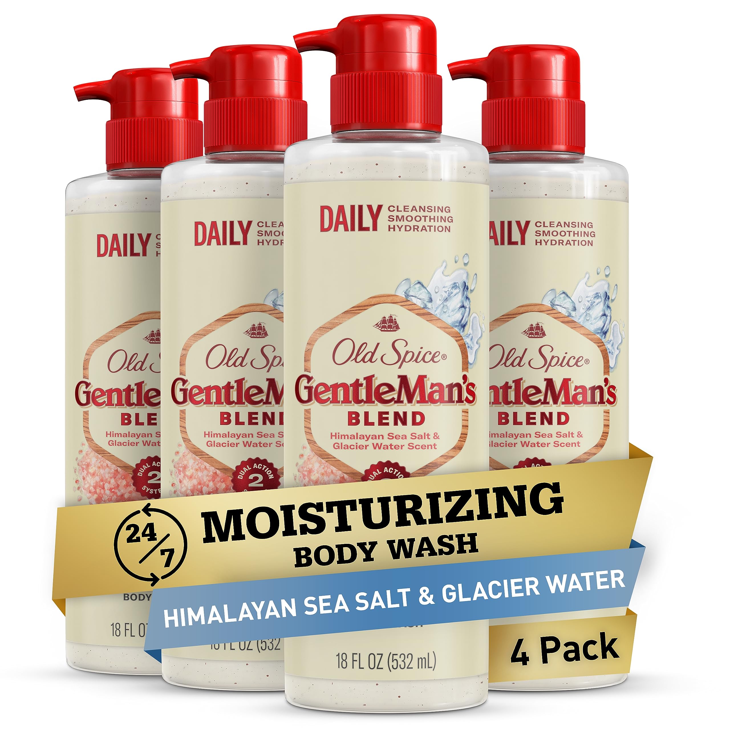 Old Spice GentleMan's Exfoliating & Moisturizing Body Wash for Men, 24/7 Shower Fresh with Long Lasting Scent, Renewing Vitamin B3 Blend, Himalayan Sea Salt + Glacier Water Scent, 18 oz (Pack of 4)