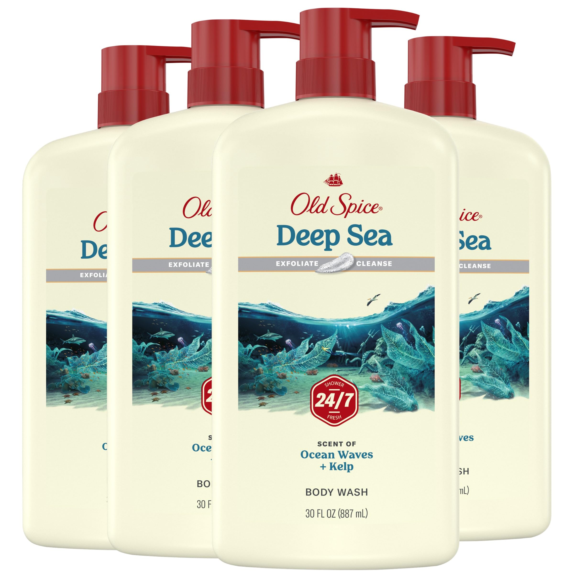 Old Spice Cleansing Body Wash for Men, 24/7 Shower Fresh with Lasting Scent, Exfoliate & Cleanse, Gentle on Skin, Vitamin B3, Deep Sea with Ocean Waves + Kelp Scent, 30 oz (Pack of 4)