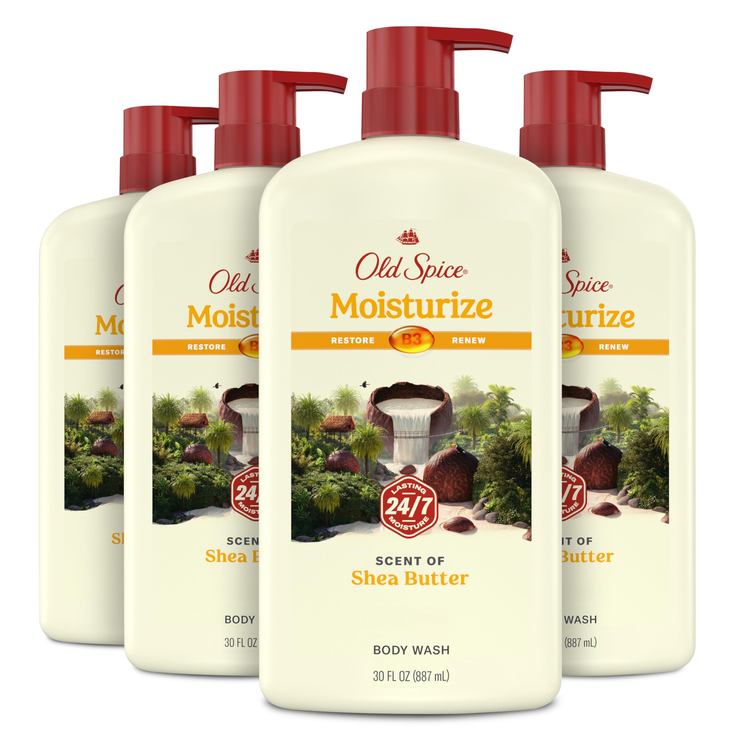 Old Spice Cleansing Body Wash for Men, 24/7 Shower Fresh with Lasting Scent, Restore & Renew, Gentle on Skin, Vitamin B3, Moisturize with Shea Butter Scent, 30 oz (Pack of 4)