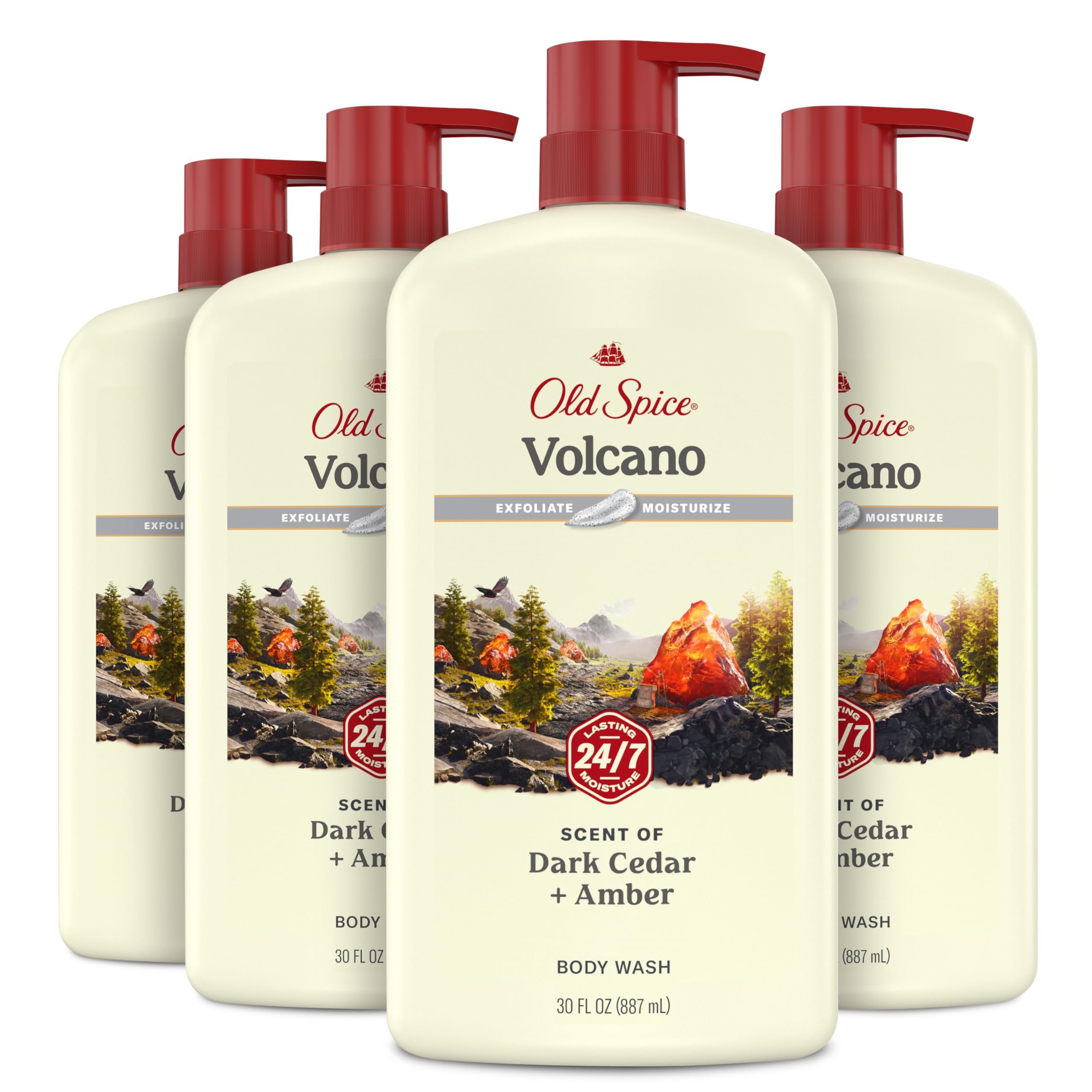 Old Spice Cleansing Body Wash for Men, 24/7 Shower Fresh with Lasting Scent, Exfoliate & Moisture, Gentle on Skin, Vitamin B3, Volcano with Dark Cedar + Amber Scent, 30 oz (Pack of 4)