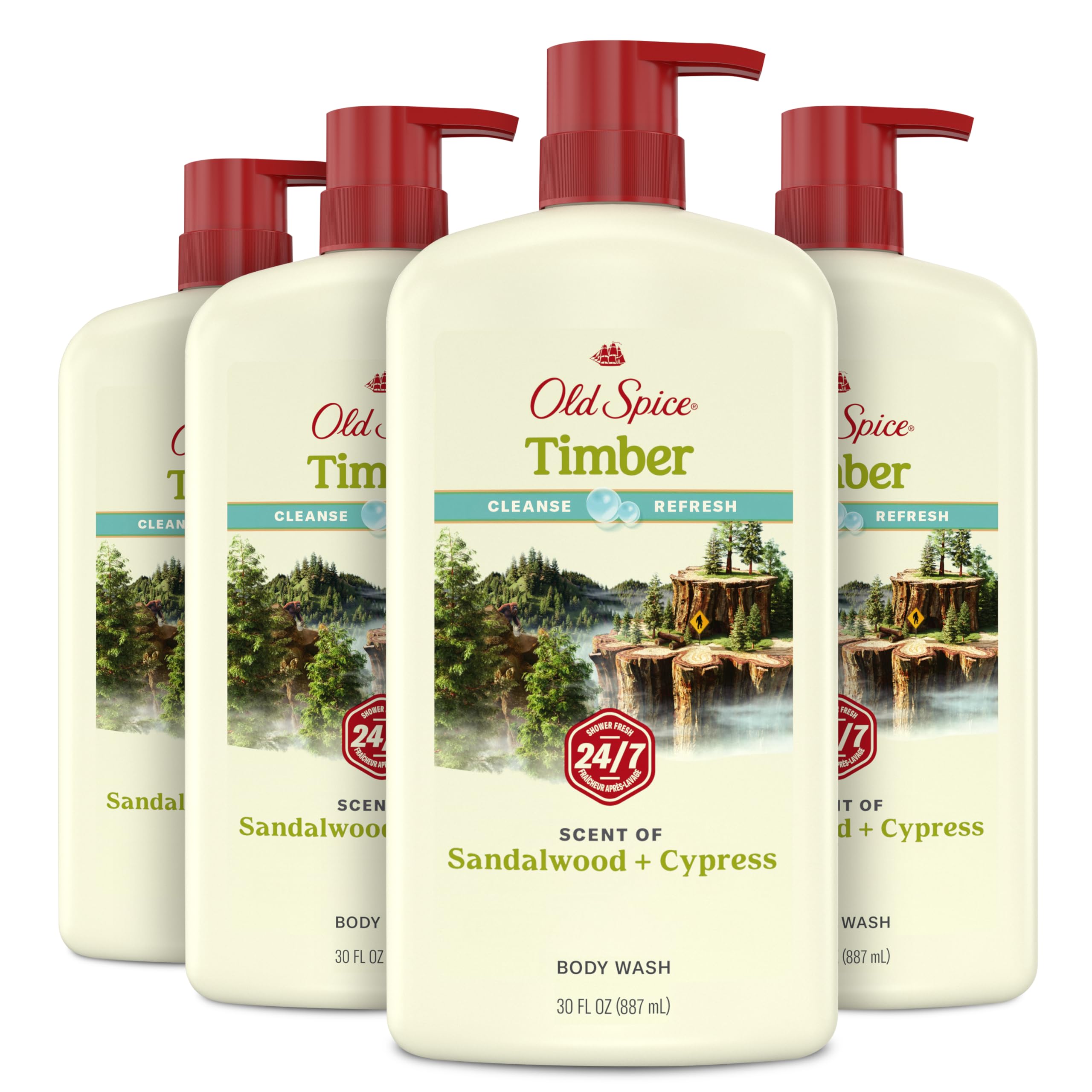 Old Spice Cleansing Body Wash for Men, 24/7 Shower Fresh with Lasting Scent, Cleanse & Refresh, Gentle on Skin, Vitamin B3, Timber with Sandalwood + Cypress Scent, 30 oz (Pack of 4)