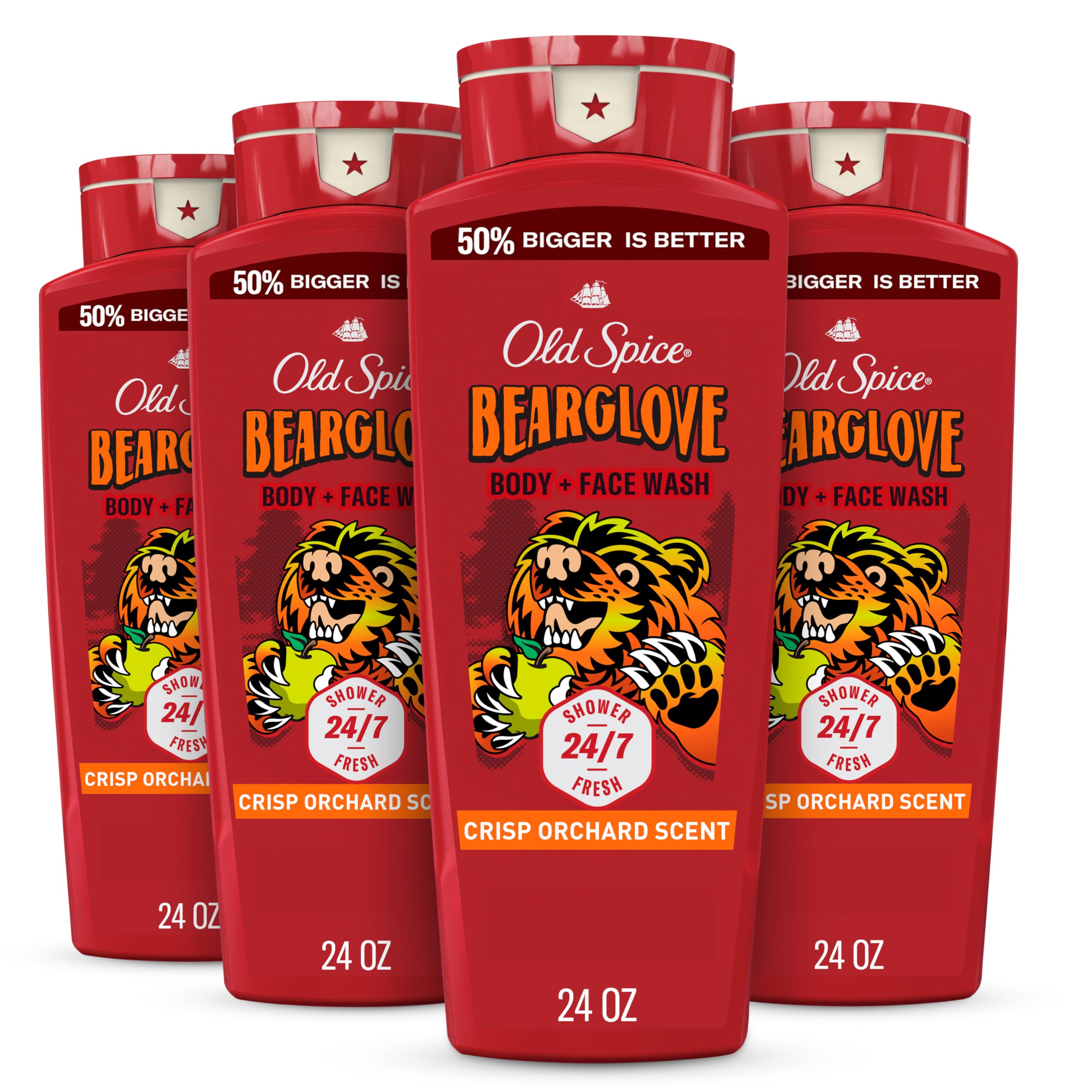Old Spice Cleansing Body Wash for Men, 3X Defense, 24/7 Shower Fresh with Lasting Scent, 2-in-1 Body & Face Wash, Bearglove with Crisp Orchard Scent, 24 oz (Pack of 4)