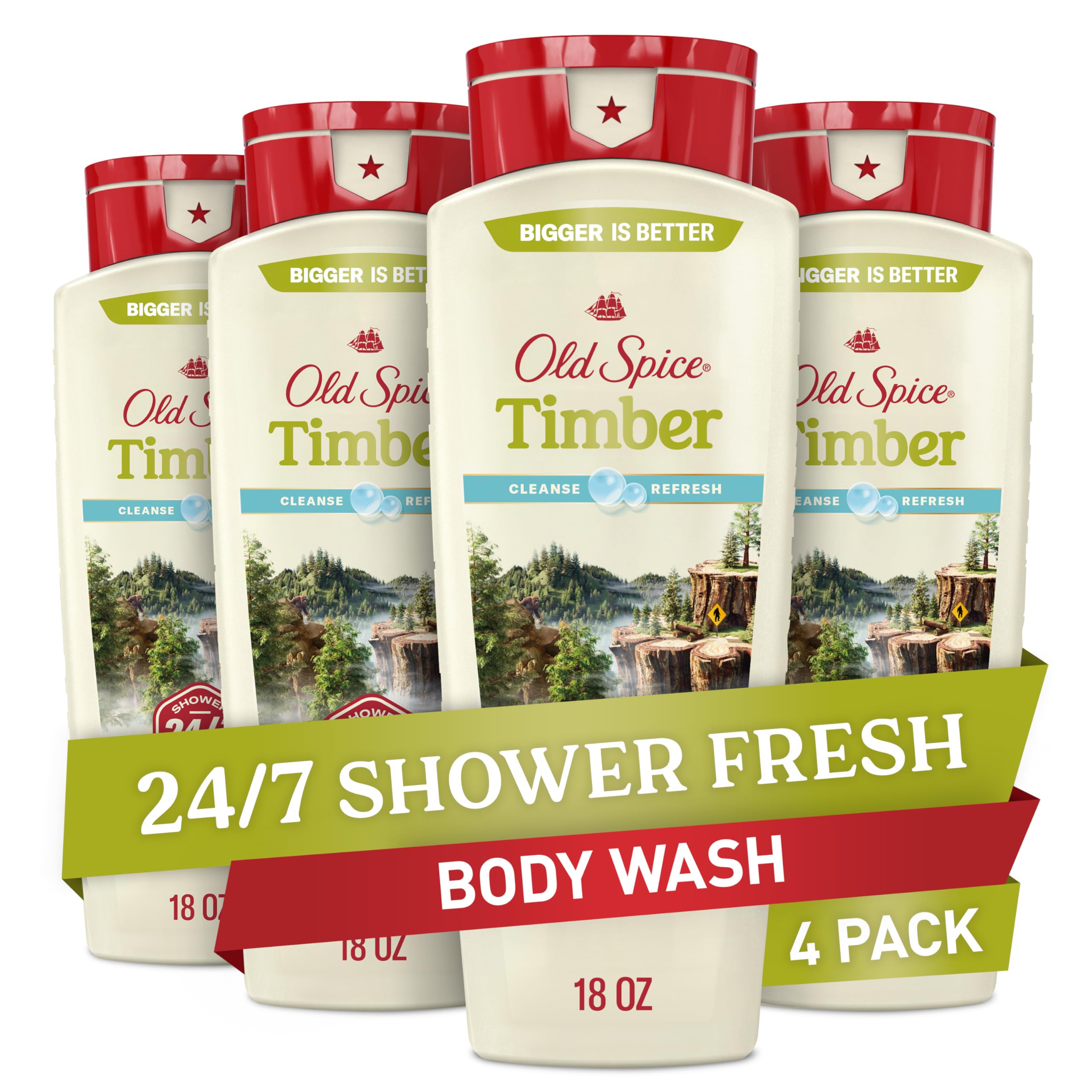 Old Spice Cleansing Body Wash for Men, 24/7 Shower Fresh with Lasting Scent, Cleanse & Refresh, Gentle on Skin, Vitamin B3, Timber with Sandalwood + Cypress Scent, 18 oz (Pack of 4)