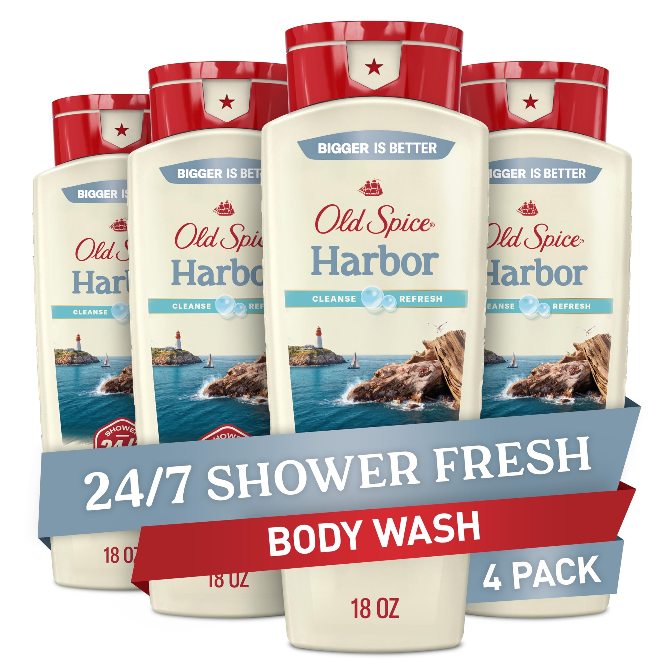 Old Spice Cleansing Body Wash for Men, 24/7 Shower Fresh with Lasting Scent, Cleanse & Refresh, Gentle on Skin, Vitamin B3, Harbor with Coastal Breeze + Driftwood Scent, 18 oz (Pack of 4)