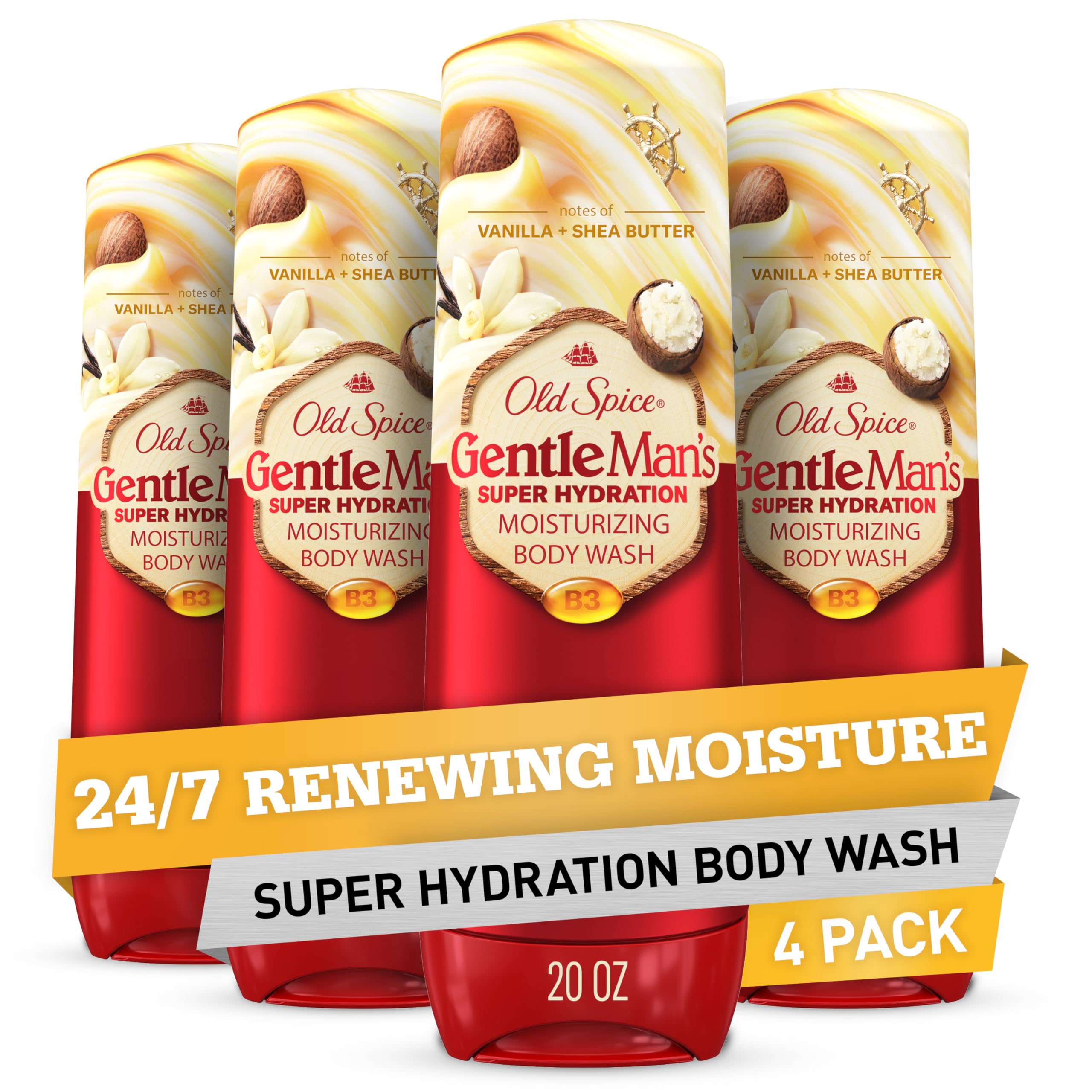 Old Spice Body Wash GentleMan’s Super Hydration for Men, 24/7 Renewing Moisture, Gentle on Skin with Skin Conditioners, Vanilla + Shea Butter Scent, 20 oz (Pack of 4)