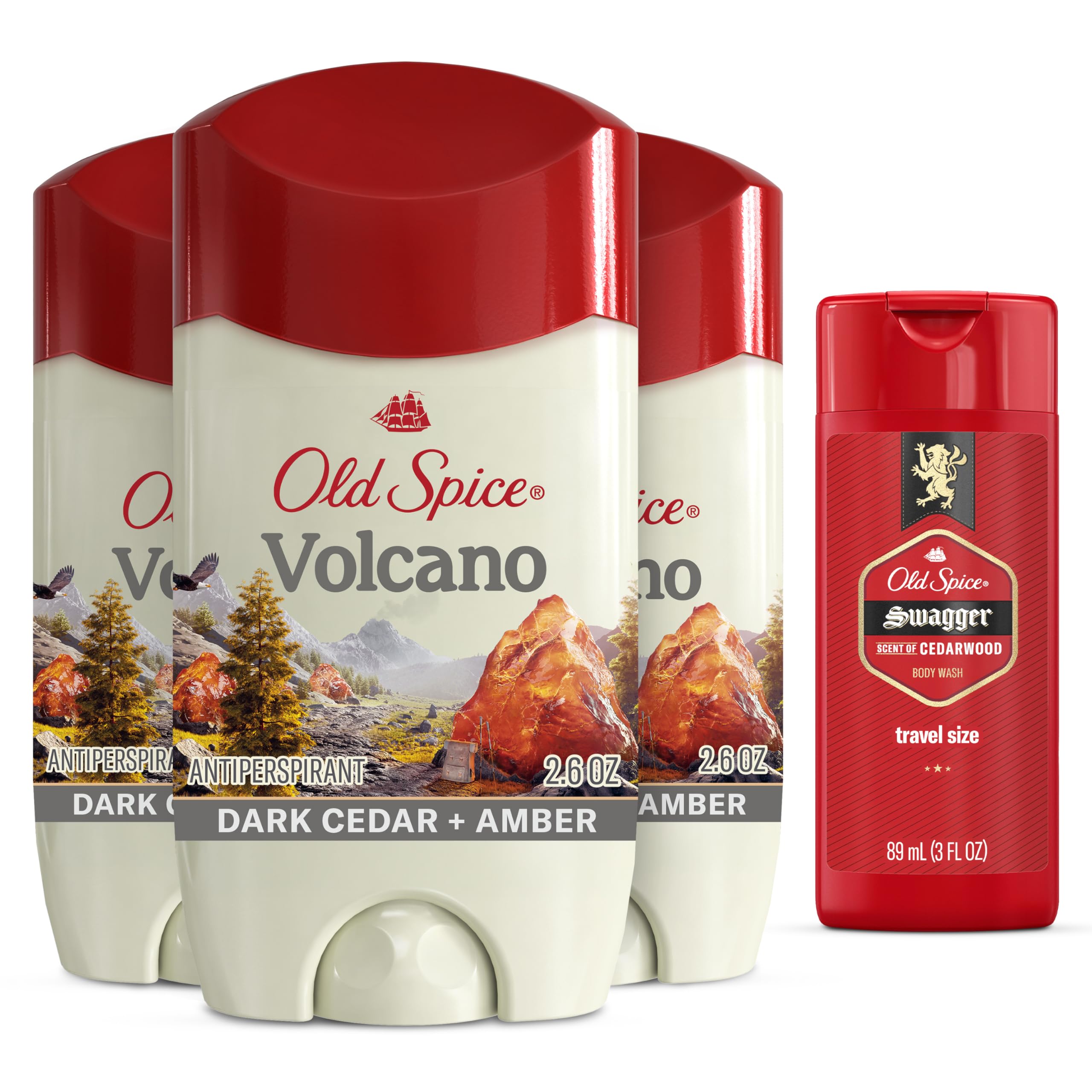Old Spice Men's Antiperspirant & Deodorant Volcano with Charcoal, 2.6oz (Pack of 3) with Travel-Size Swagger Body Wash