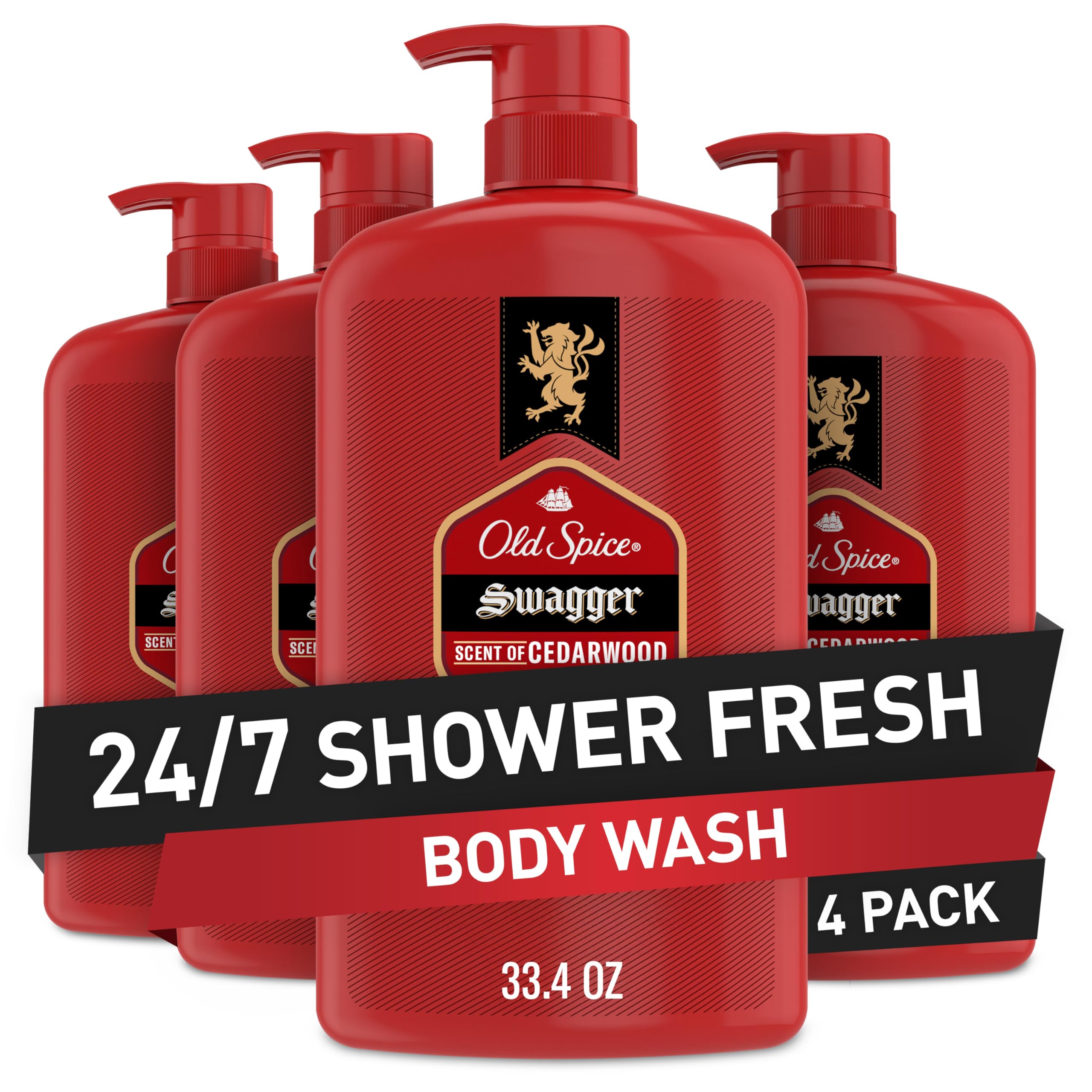 Old Spice Body Wash for Men, Refreshing 3X Defense, 24/7 Shower Fresh with Long Lasting Scent, Red Collection, Swagger with Cedarwood Scent, 33.4 oz (Pack of 4)
