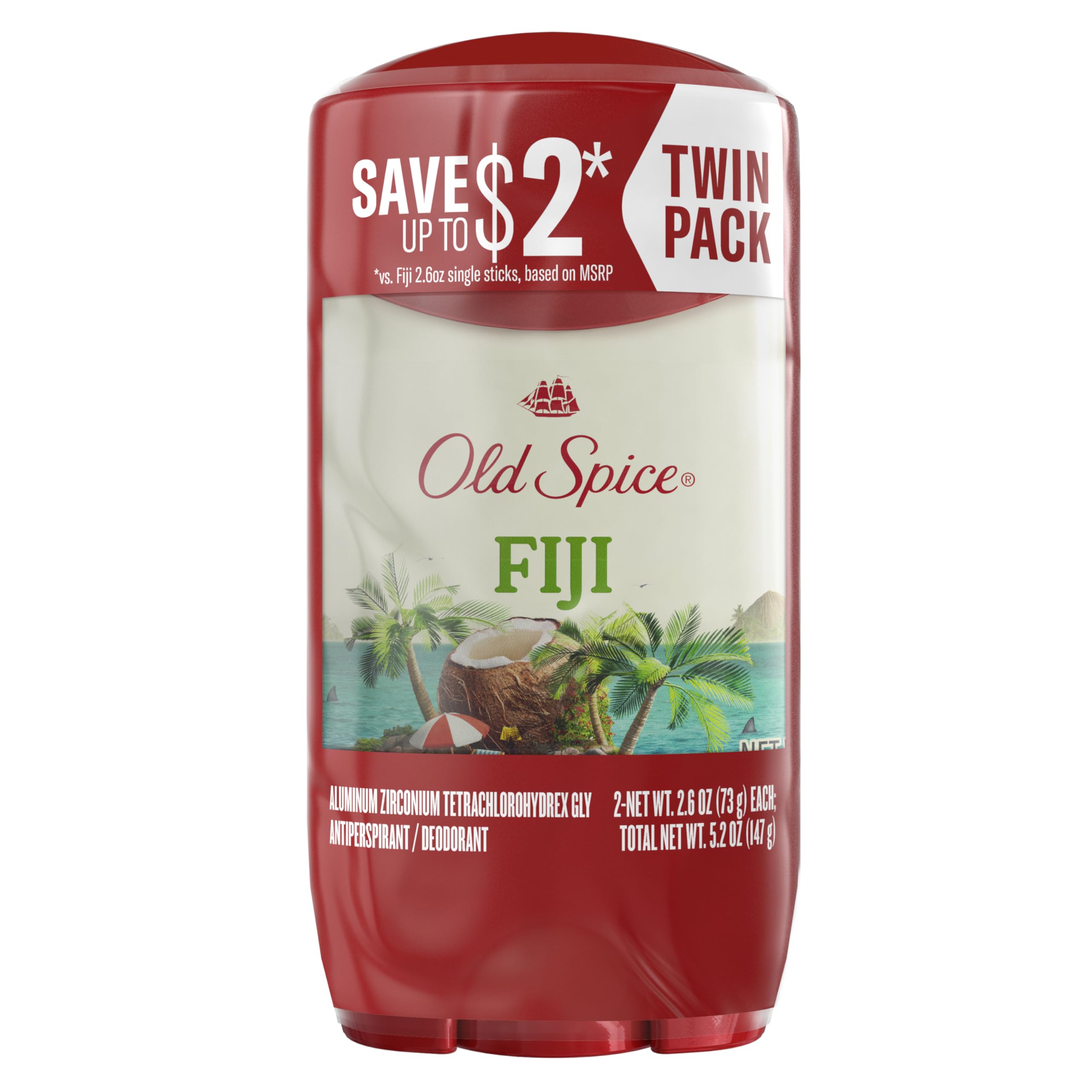 Old Spice Dry Feel Antiperspirant Deodorant for Men, 24/7 Freshness, 24/7 Sweat & Odor Protection, Gentle on Skin with Skin Conditioners, Fiji with Palm Tree + Coconut Scent, 2.6 oz (Pack of 2)
